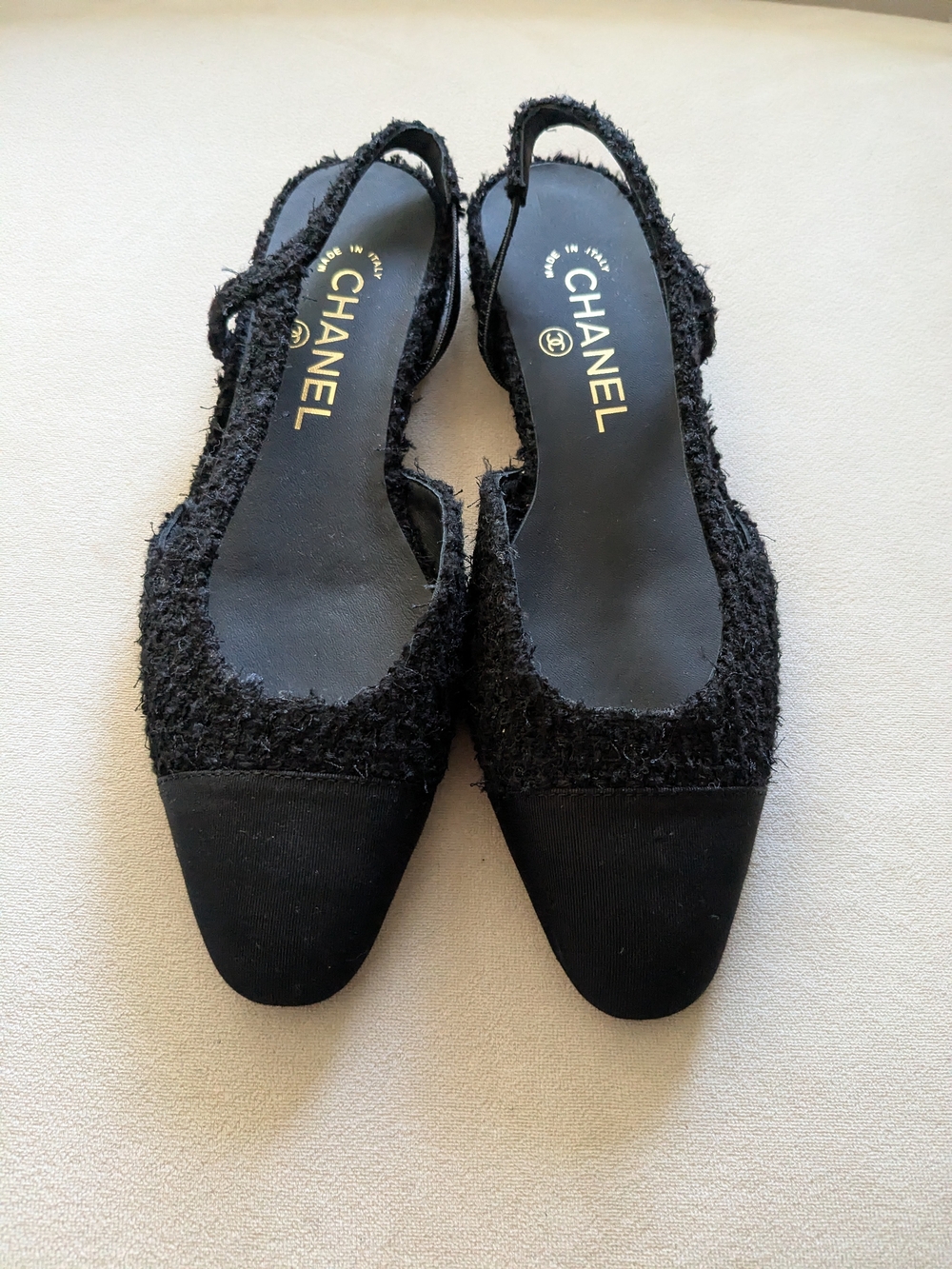 NEW CHANEL Black Tweed Slingback Flats - size 37.5